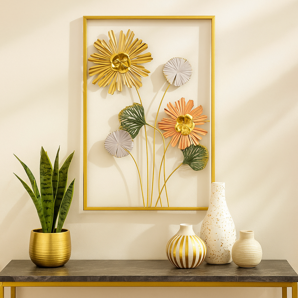 Golden Frame 3D Metal Flower Wall Art – Modern Floral Home Décor