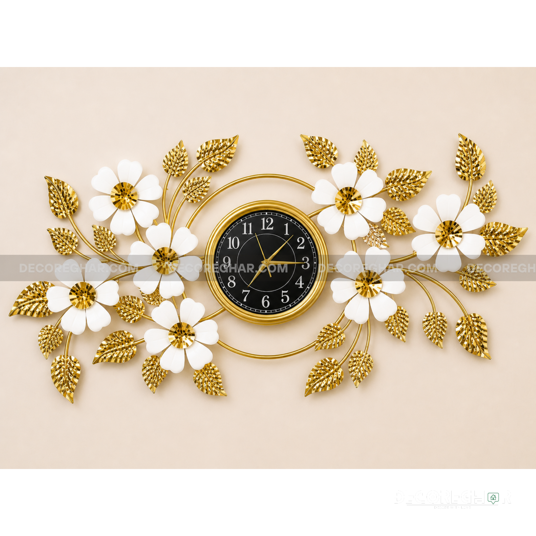 Modern Luxury Floral Wall Clock – Gold & White Metal Art Decor for Living Room