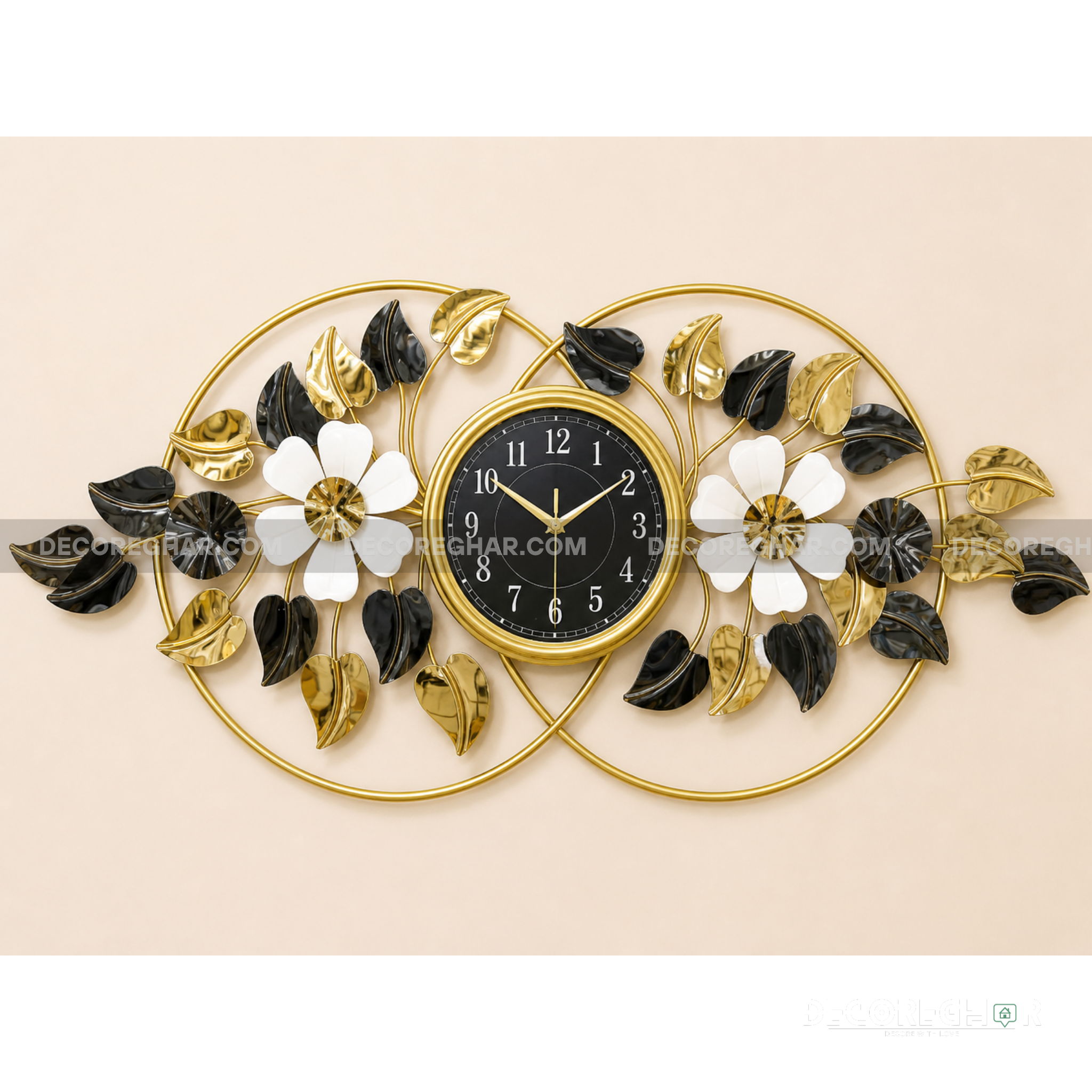 Modern Black & Gold Floral Wall Clock – Luxury Metal Wall Art Décor