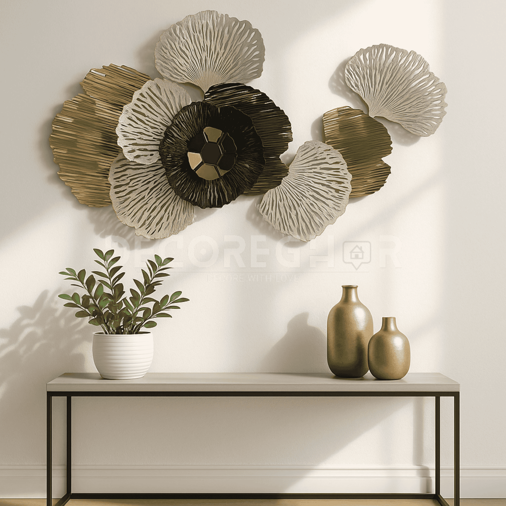 Luxury Metallic Floral Wall Art Decor – Modern 3D Metal Flower Sculpture for Living Room & Hallway
