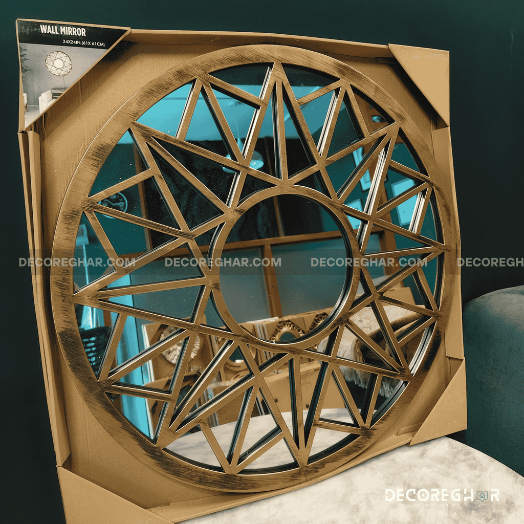 Geometric Sunburst Round Wall Mirror – Gold Decorative Accent for Living Room, Entryway & Bedroom