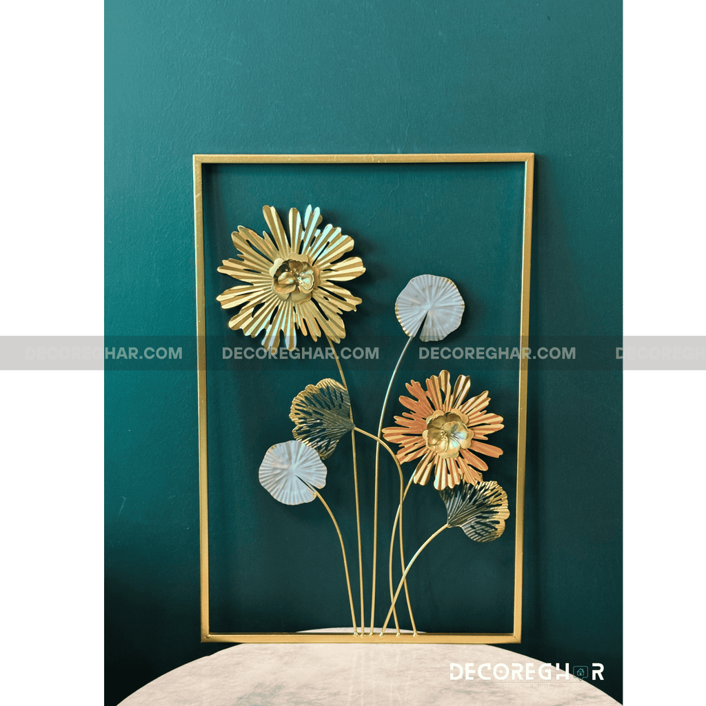 Golden Frame 3D Metal Flower Wall Art – Modern Floral Home Décor