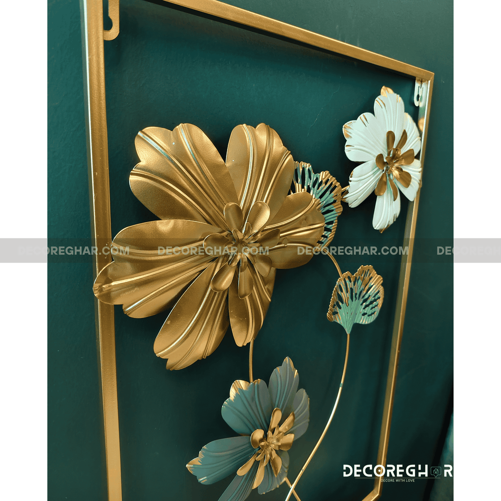 Gold & Green 3D Floral Metal Wall Art – Elegant Frame-Mounted Home Décor