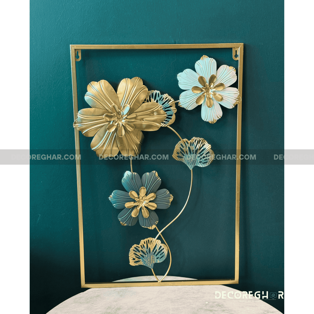 Gold & Green 3D Floral Metal Wall Art – Elegant Frame-Mounted Home Décor