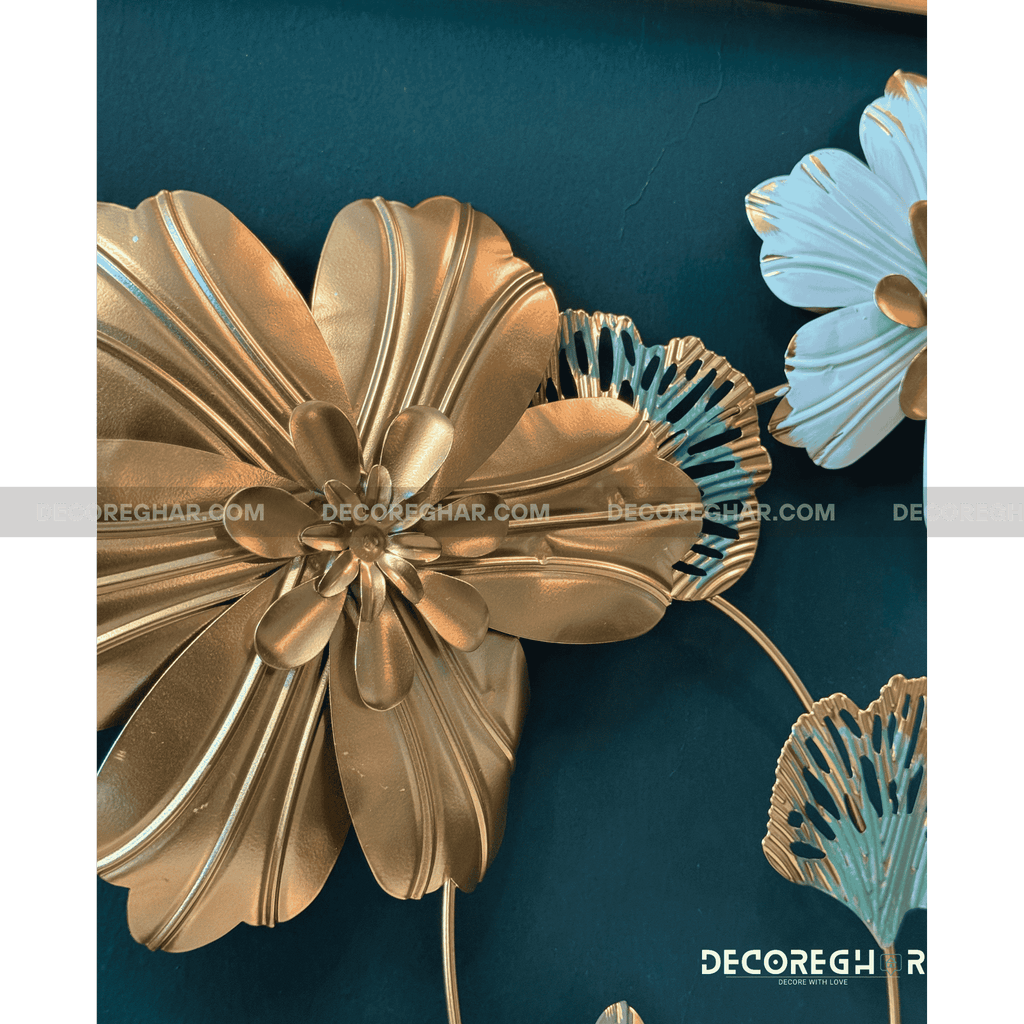 Gold & Green 3D Floral Metal Wall Art – Elegant Frame-Mounted Home Décor