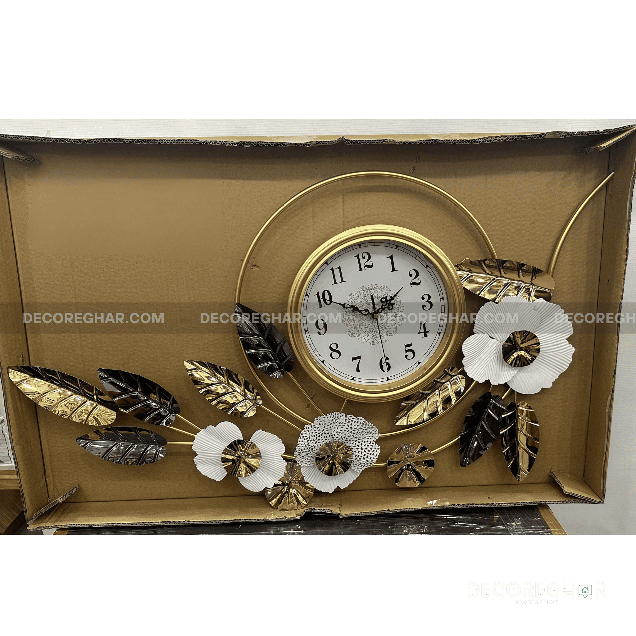 Luxury Floral Wall Clock – Gold & White Decorative Timepiece for Living Room
