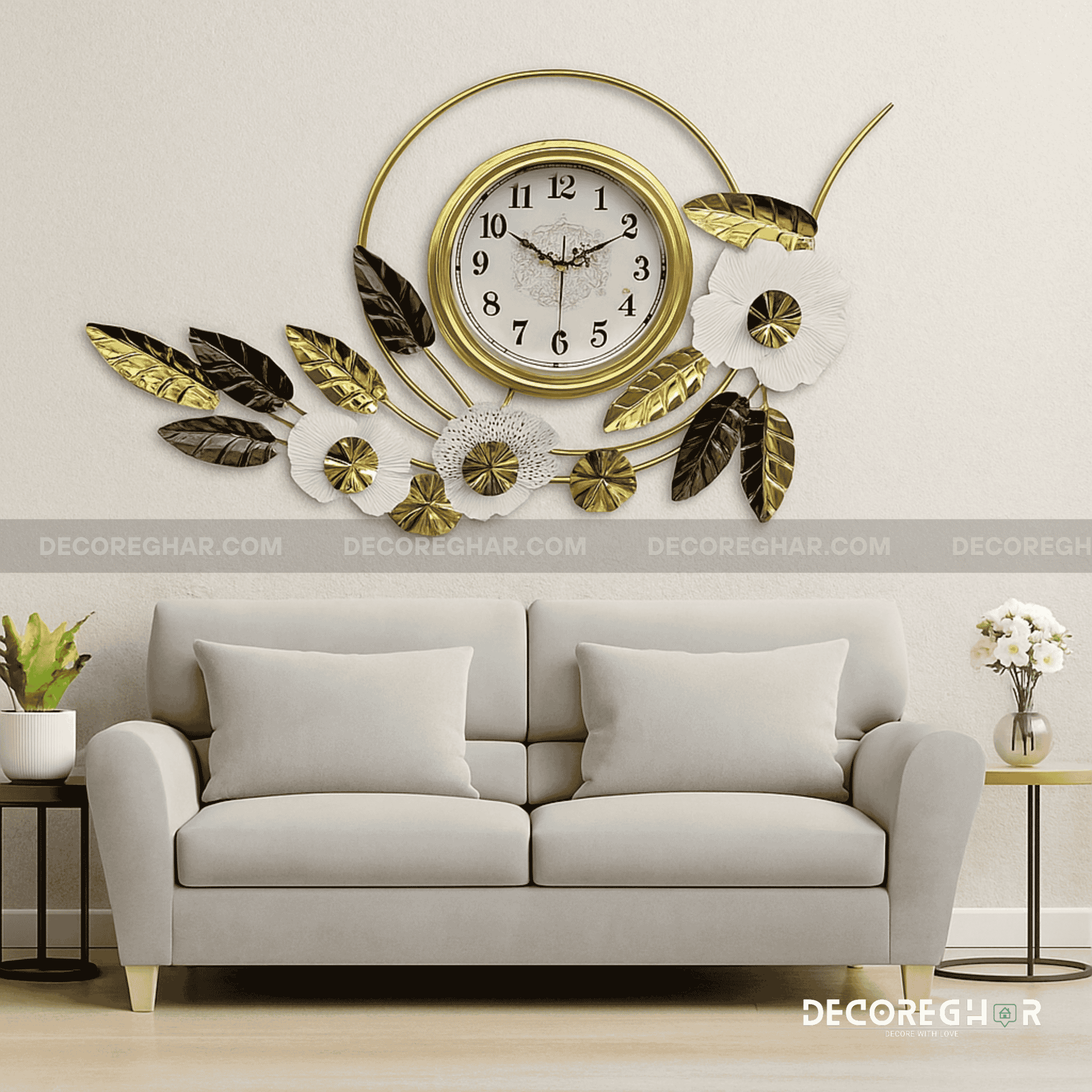 Luxury Floral Wall Clock – Gold & White Decorative Timepiece for Living Room