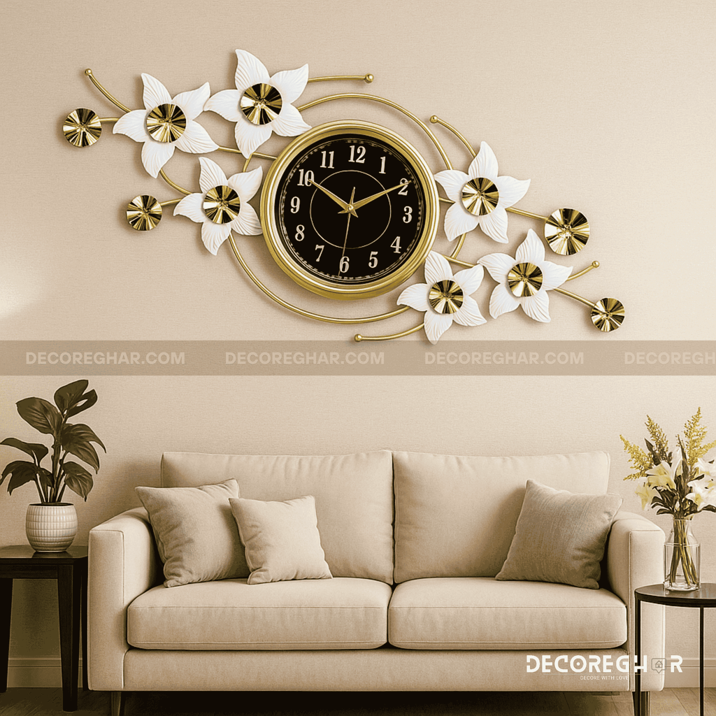 Floral Wall Clock, Black Dial Clock, Gold Wall Clock, Modern Home Decor, Elegant Wall Clock, Luxury Timepiece, Large Decorative Clock, Designer Wall Clock, Living Room Wall Decor