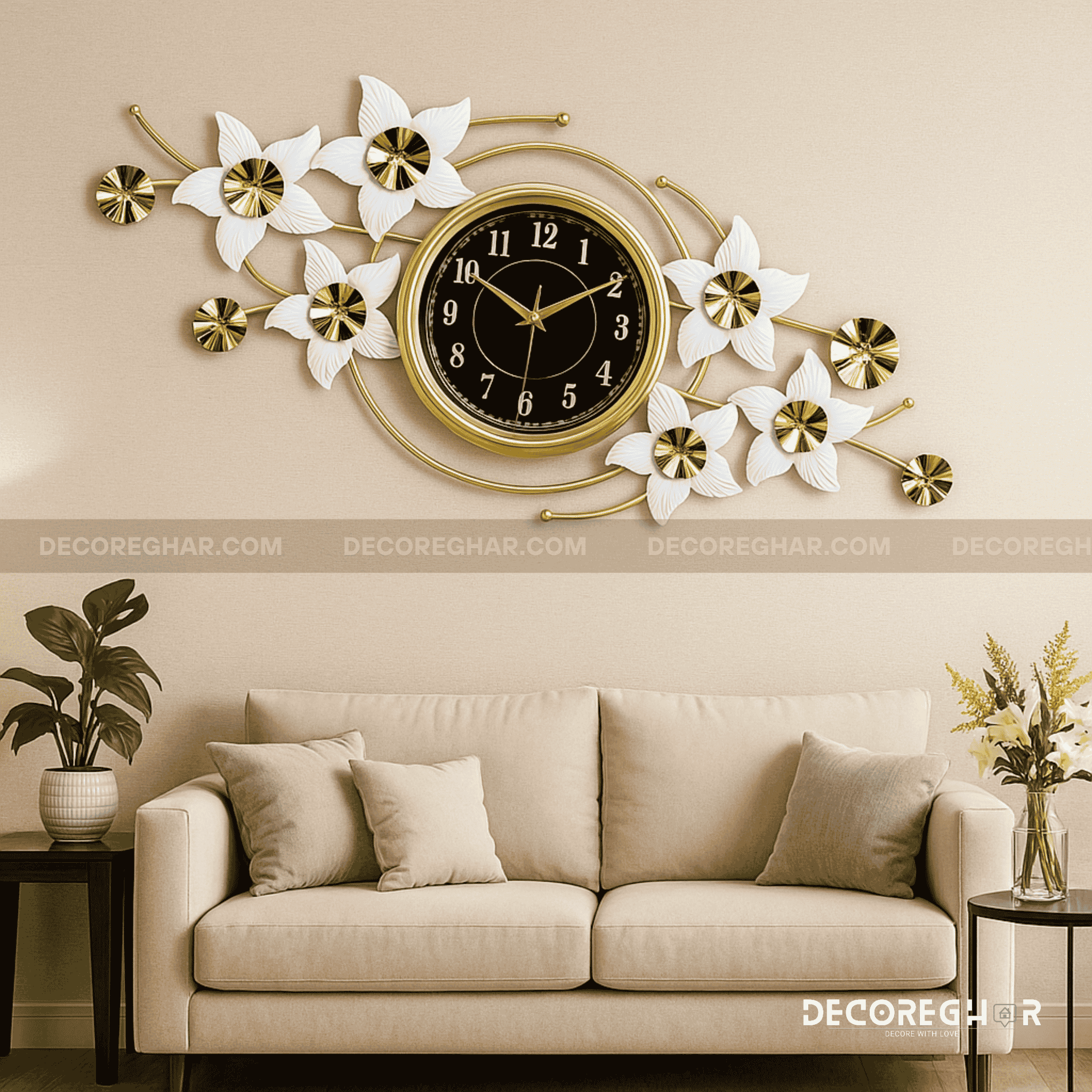 Floral Wall Clock, Black Dial Clock, Gold Wall Clock, Modern Home Decor, Elegant Wall Clock, Luxury Timepiece, Large Decorative Clock, Designer Wall Clock, Living Room Wall Decor
