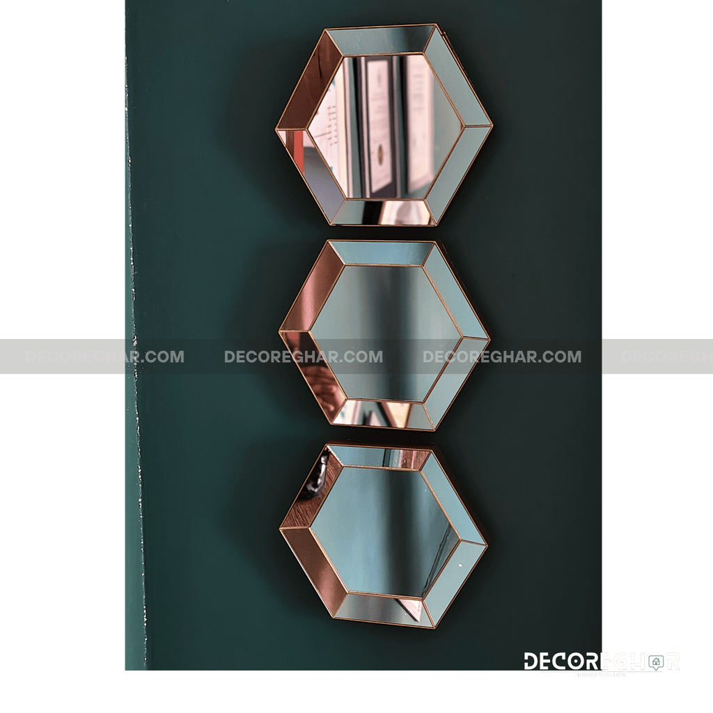 Modern Hexagonal Mirror Wall Art – Vertical Rose-Gold Set for Elegant Small Spaces