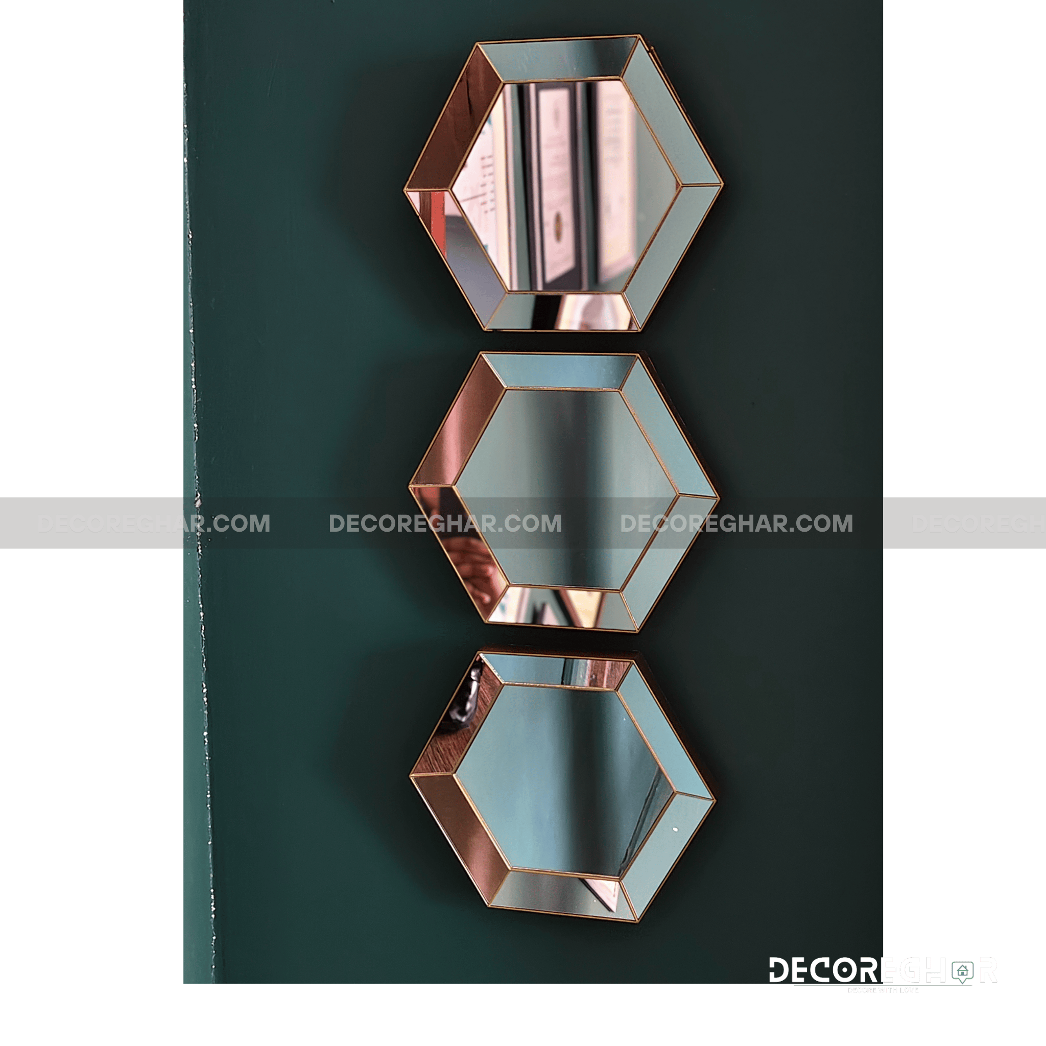 Modern Hexagonal Mirror Wall Art – Vertical Rose-Gold Set for Elegant Small Spaces