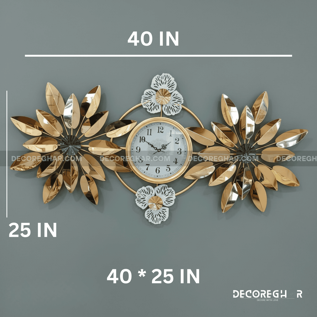 Modern Brass & Metal Sunburst Wall Clock - Large Golden Leaf Design