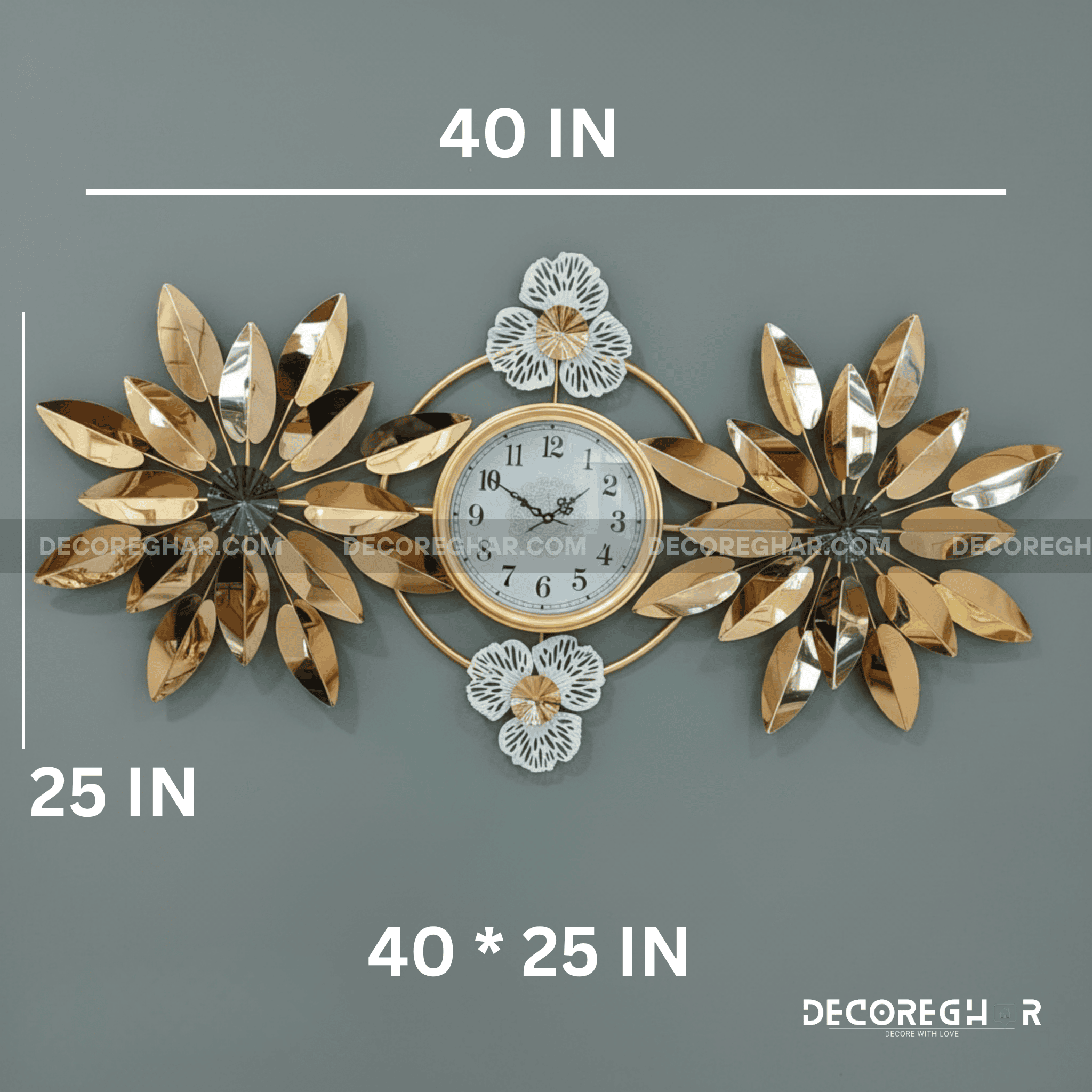 Modern Brass & Metal Sunburst Wall Clock - Large Golden Leaf Design