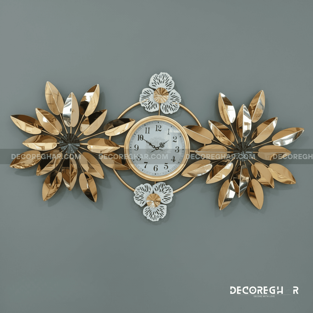 Modern Brass & Metal Sunburst Wall Clock - Large Golden Leaf Design