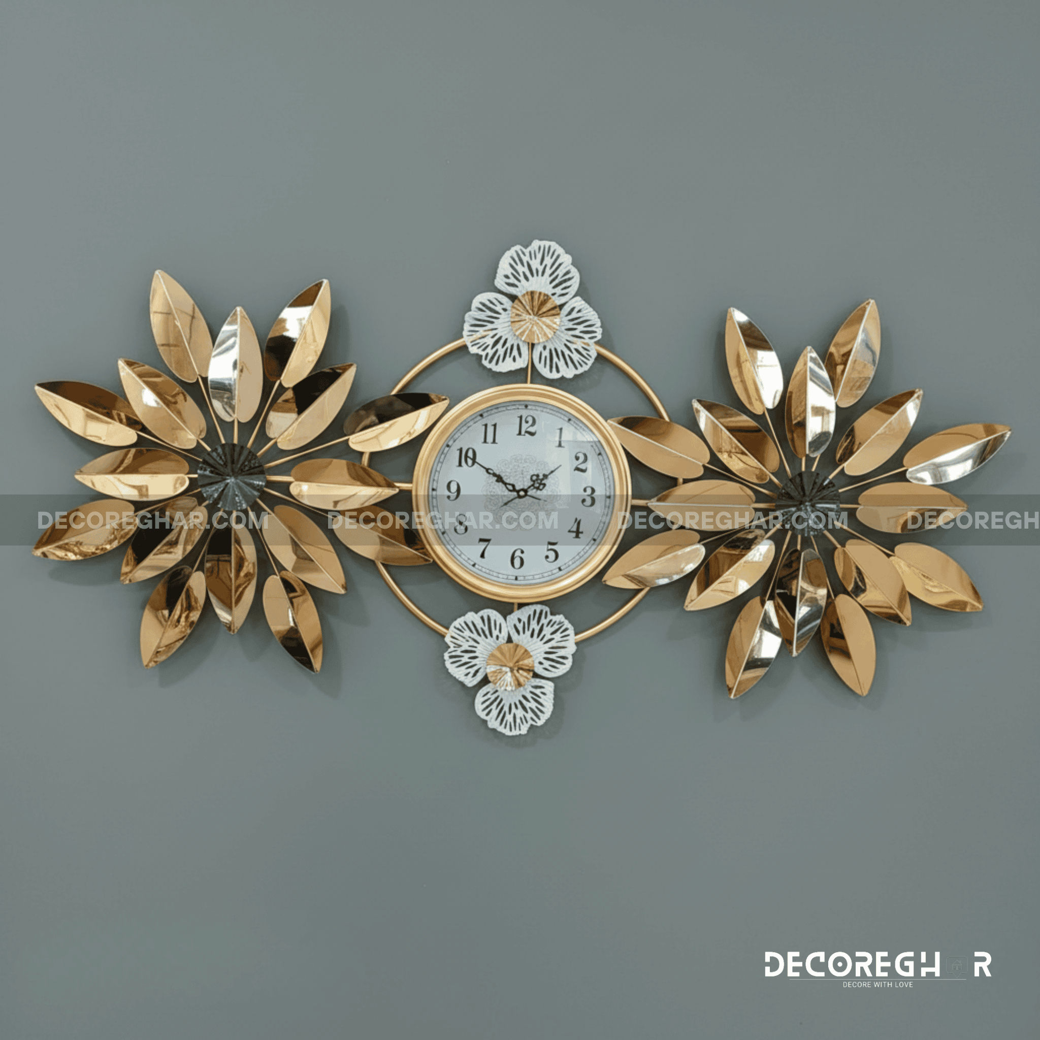 Modern Brass & Metal Sunburst Wall Clock - Large Golden Leaf Design
