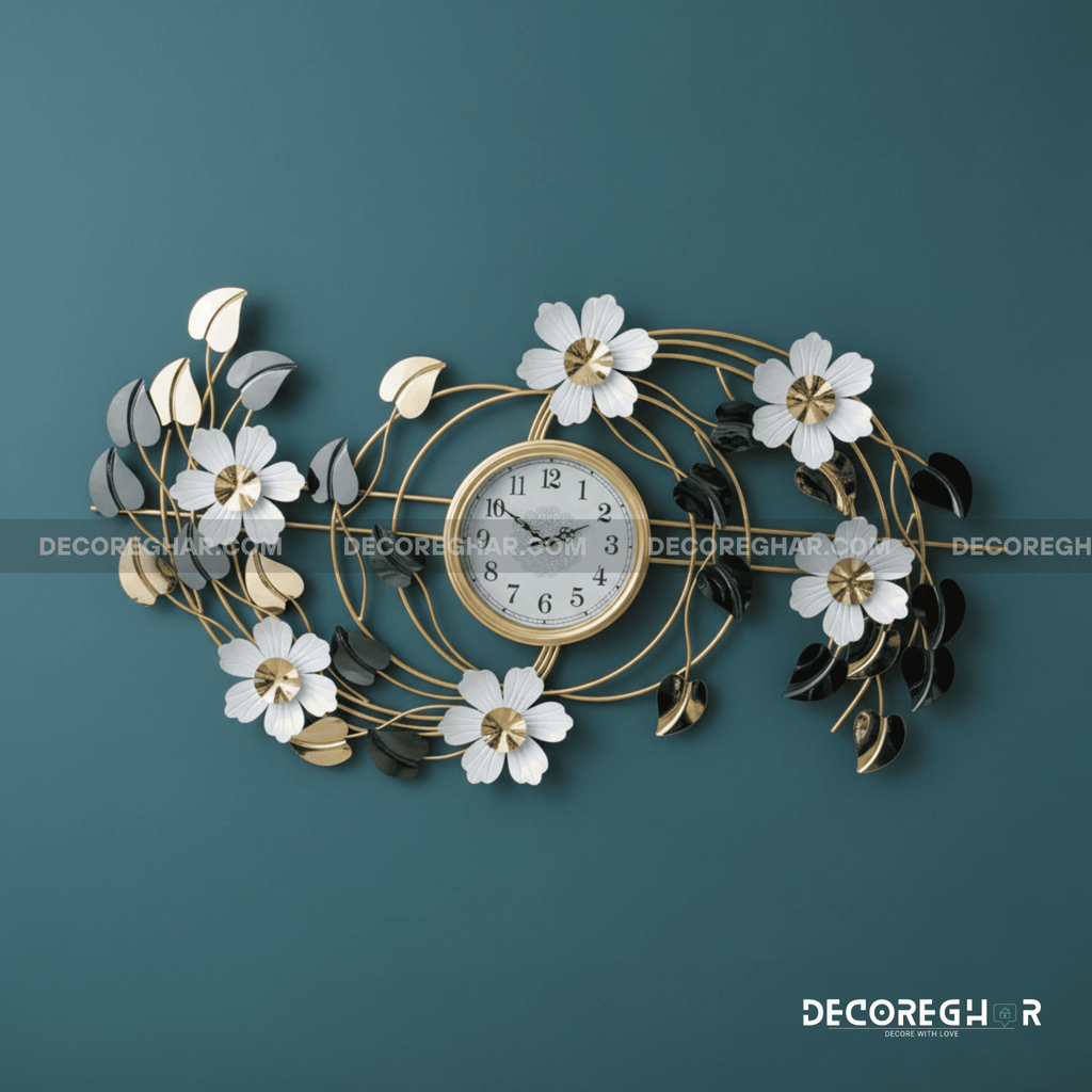 Modern Metal Flower Wall Clock - Gold, White, & Gray Botanical Design