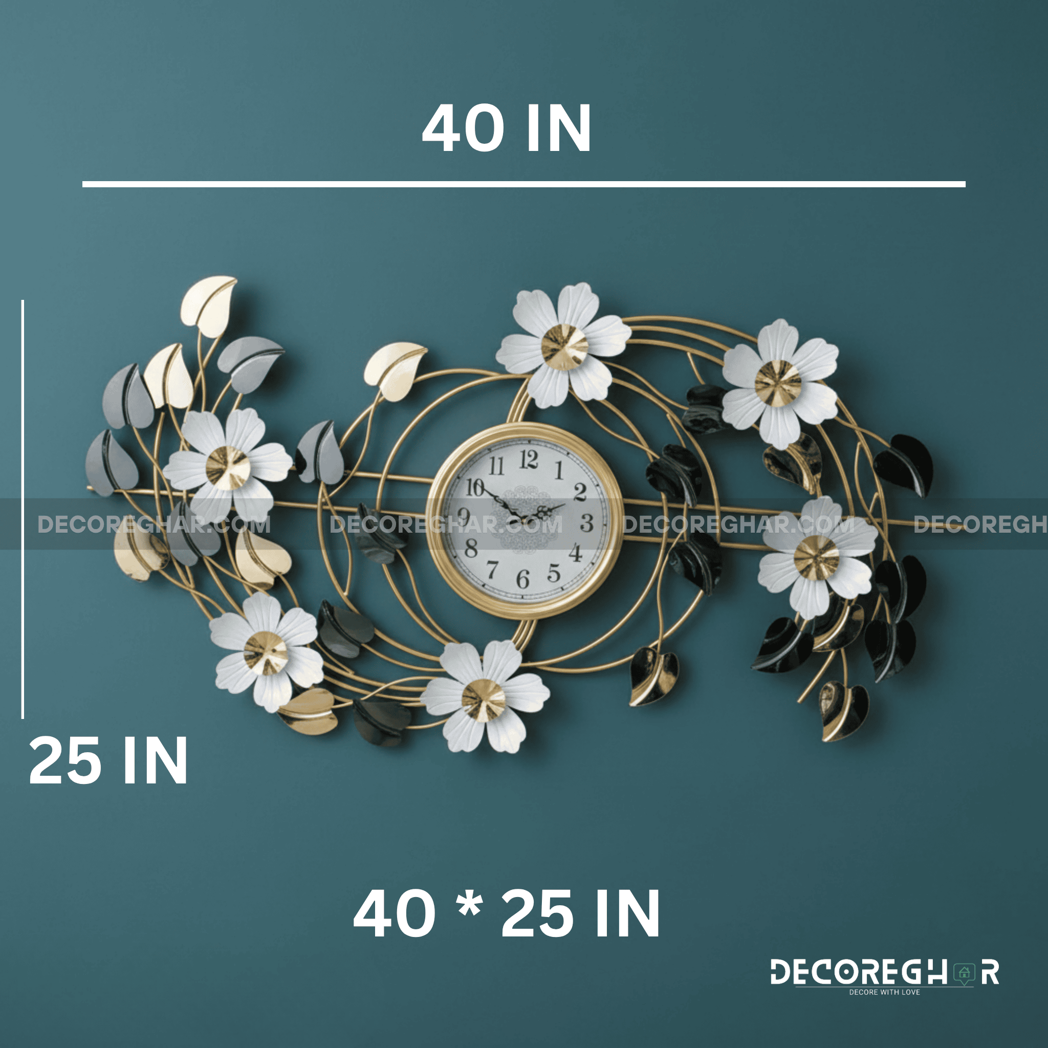 Modern Metal Flower Wall Clock - Gold, White, & Gray Botanical Design