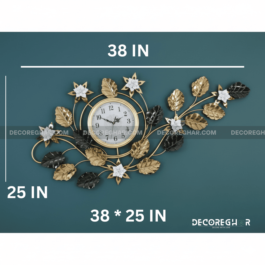 Luxury Gold and Black Metal Vine Wall Clock - Botanical Glam Decor