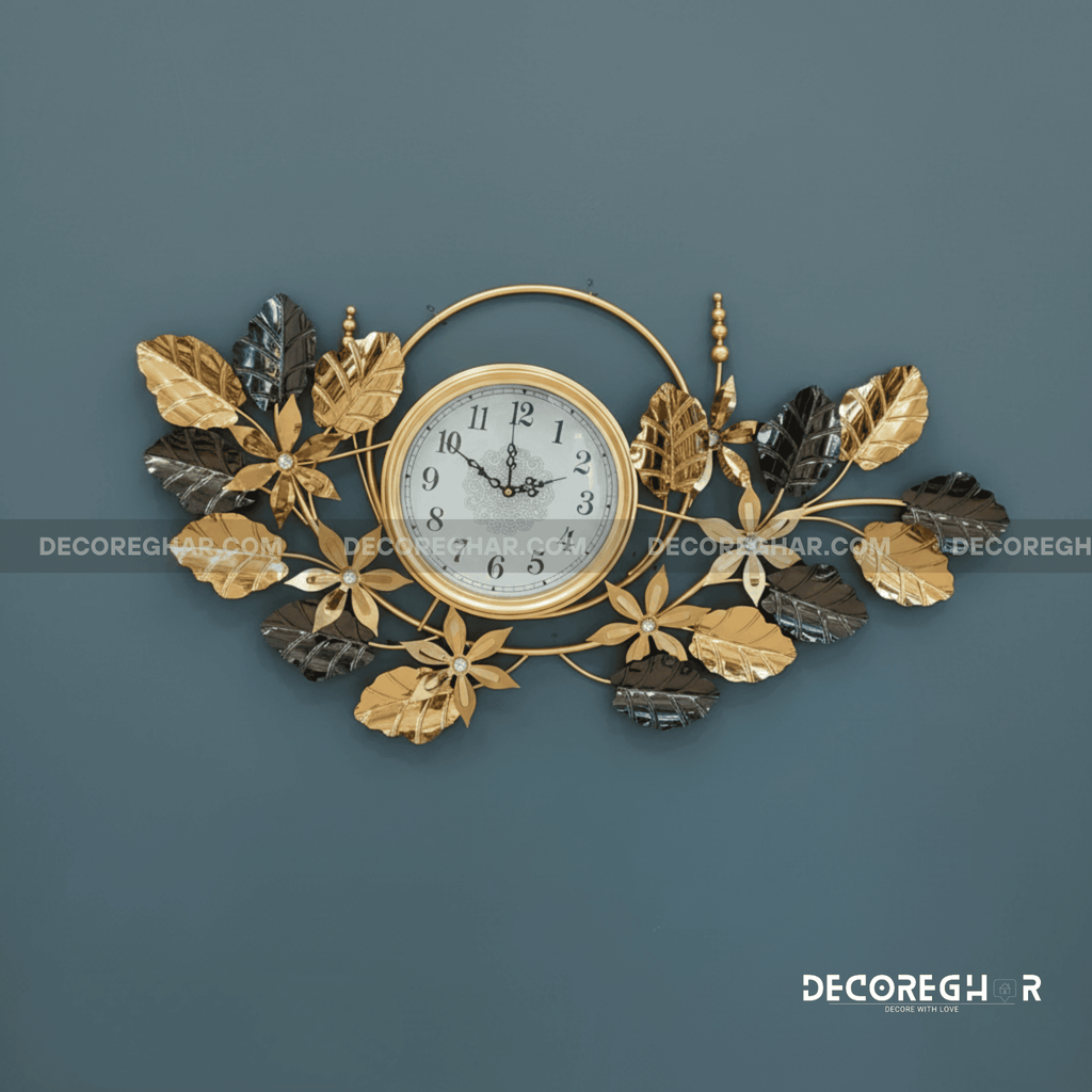 Symmetrical Gold and Dark Leaf Metal Wall Clock