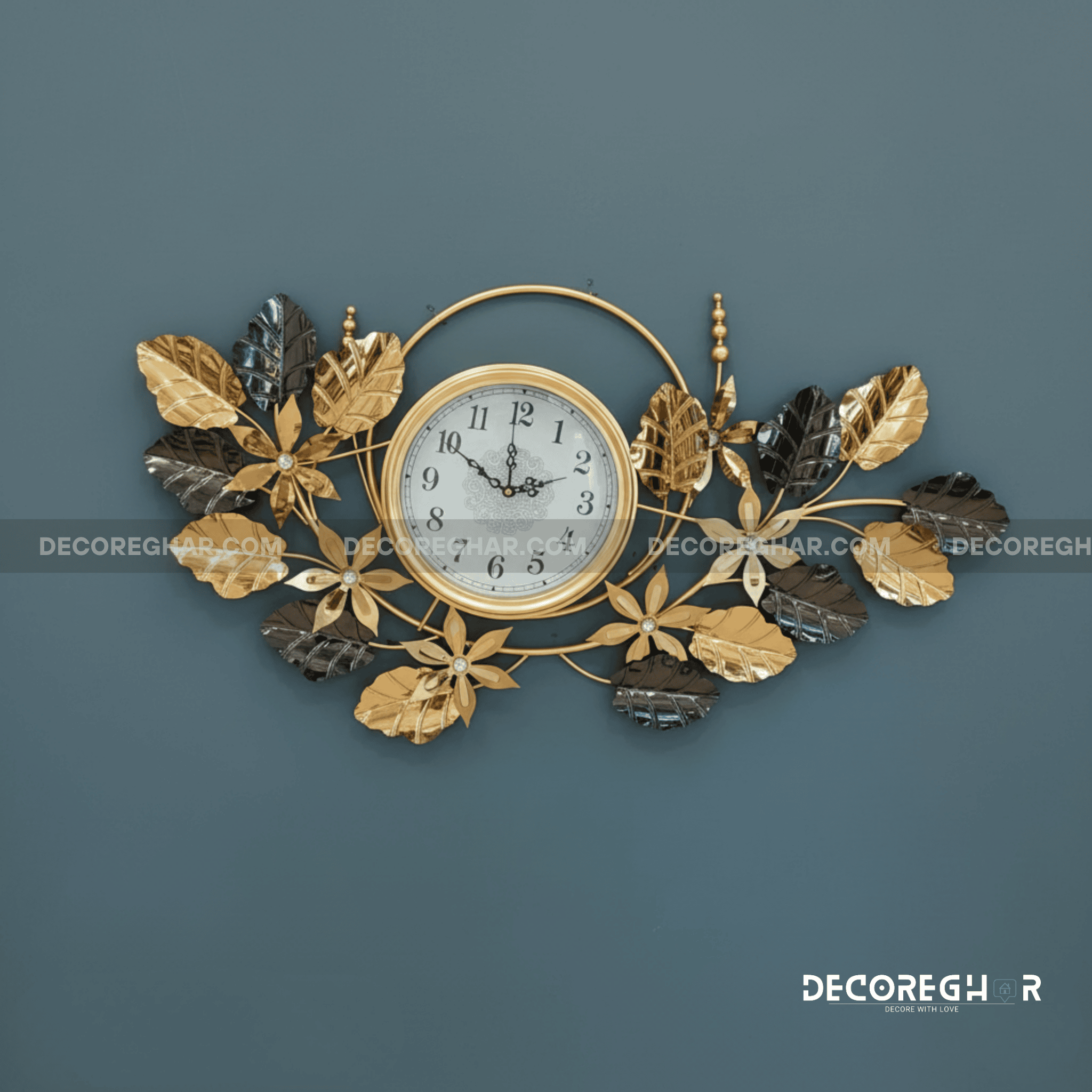 Symmetrical Gold and Dark Leaf Metal Wall Clock