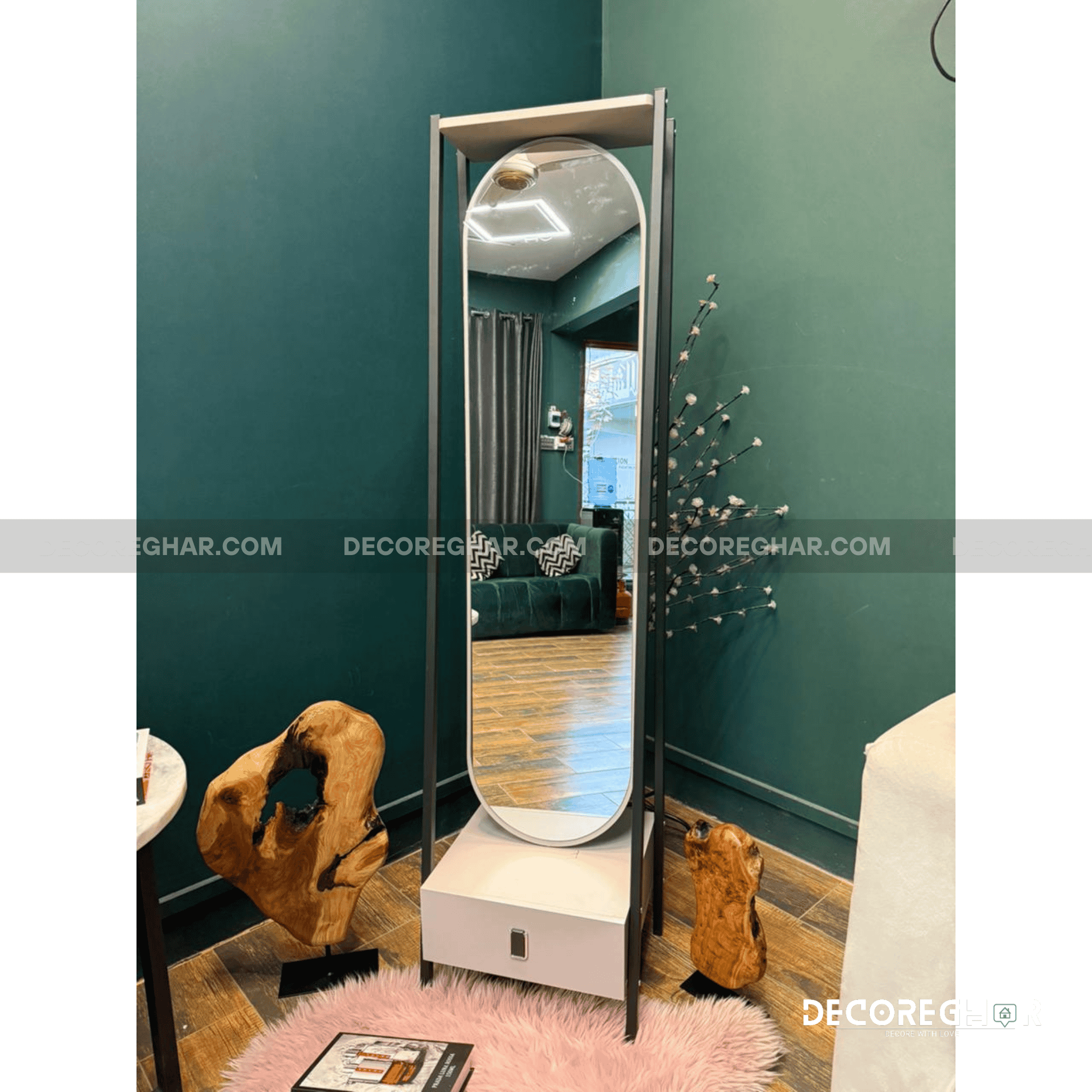 Oval Rotating Standing Mirror with Drawer Unit