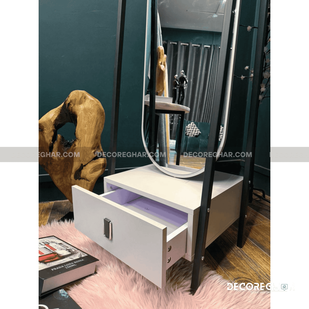 Oval Rotating Standing Mirror with Drawer Unit