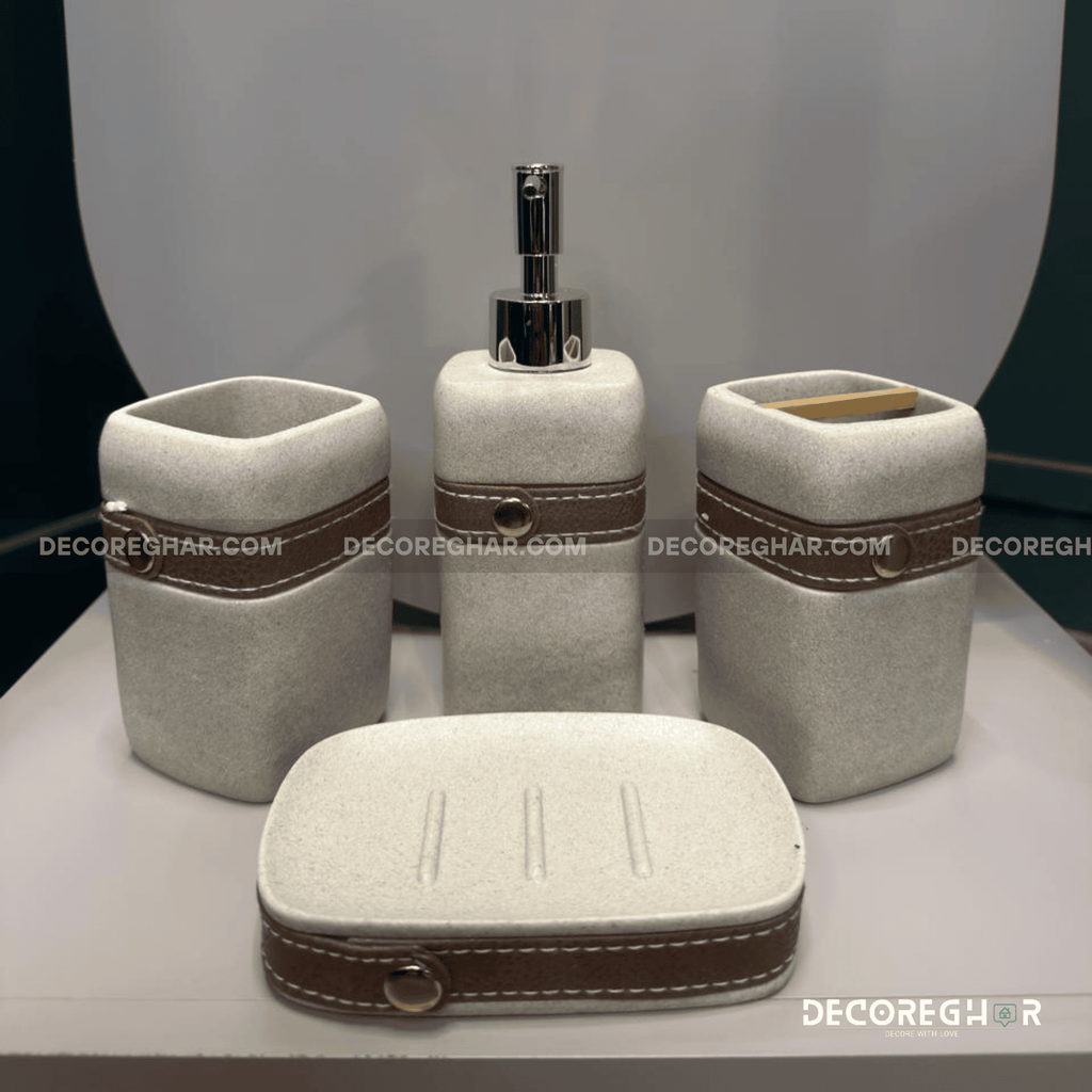 The Saddler Collection: Cream & Leather Bathroom Vanity Set