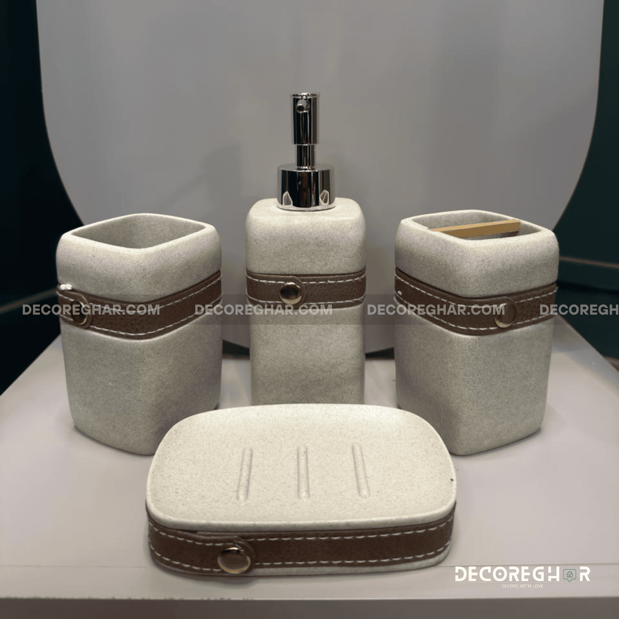The Saddler Collection: Cream & Leather Bathroom Vanity Set