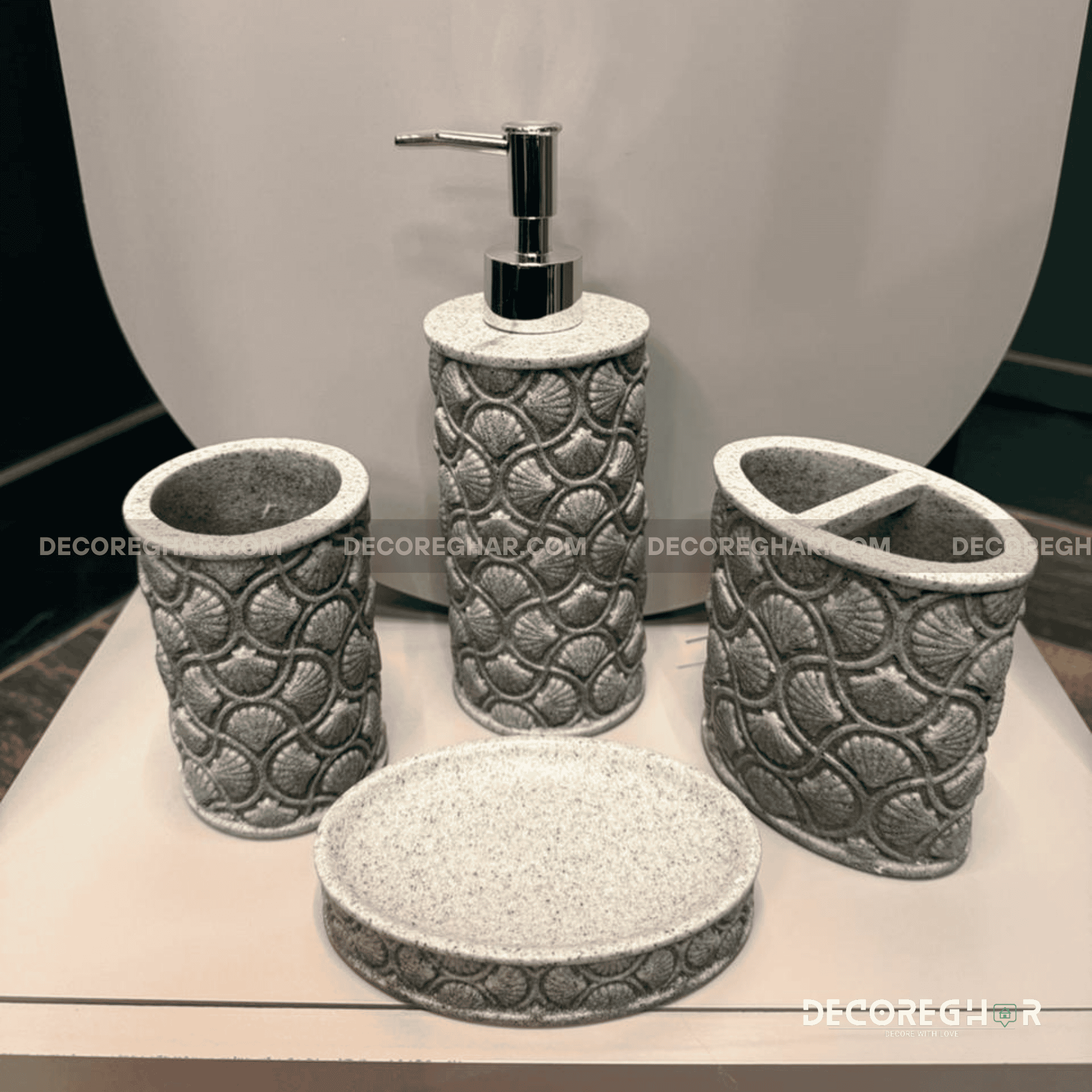 Coastal Grey Scalloped Bathroom Accessory Set | Textured Stone-Effect Finish