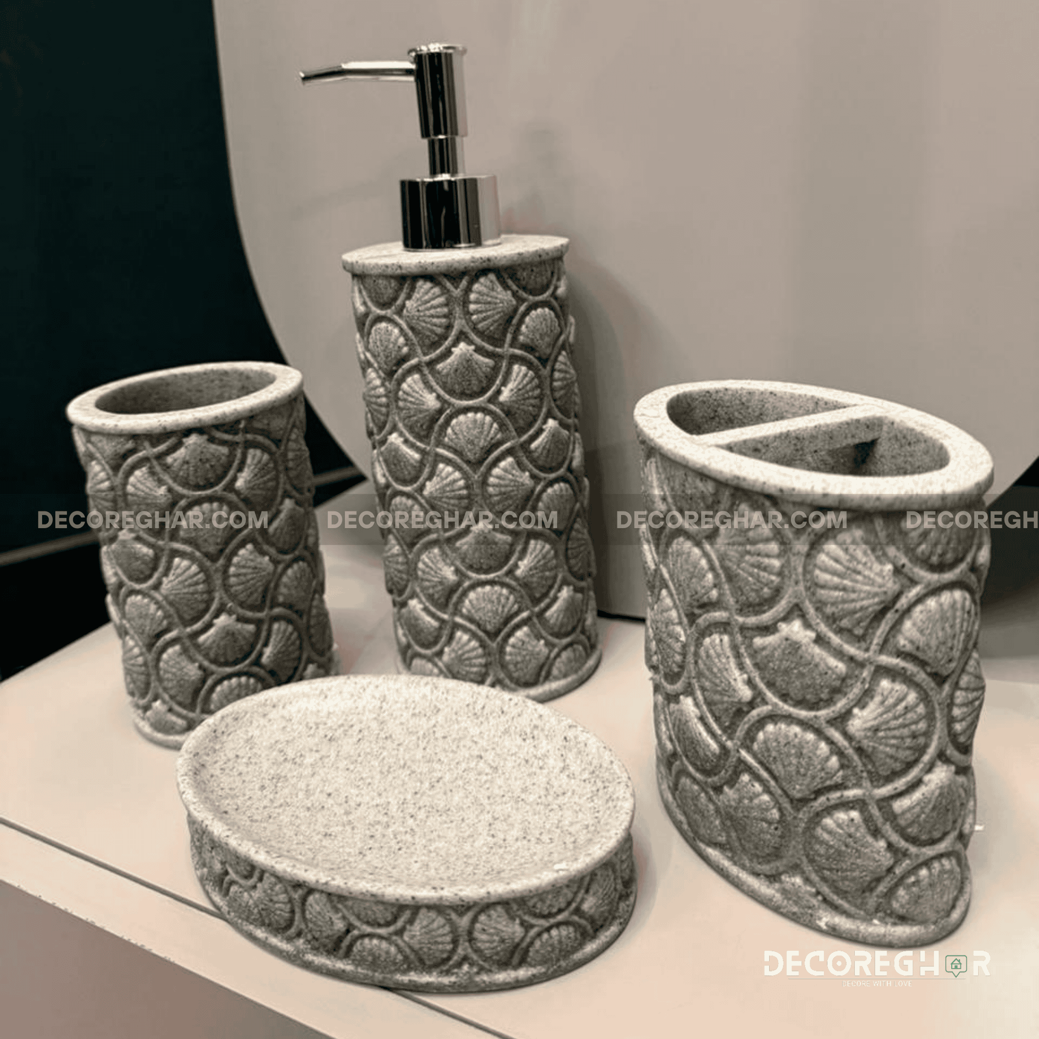 Coastal Grey Scalloped Bathroom Accessory Set | Textured Stone-Effect Finish
