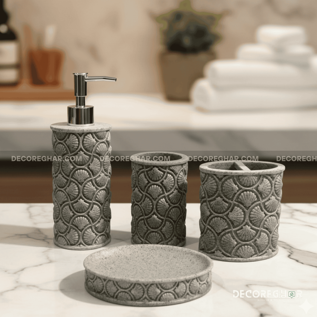 Coastal Grey Scalloped Bathroom Accessory Set | Textured Stone-Effect Finish