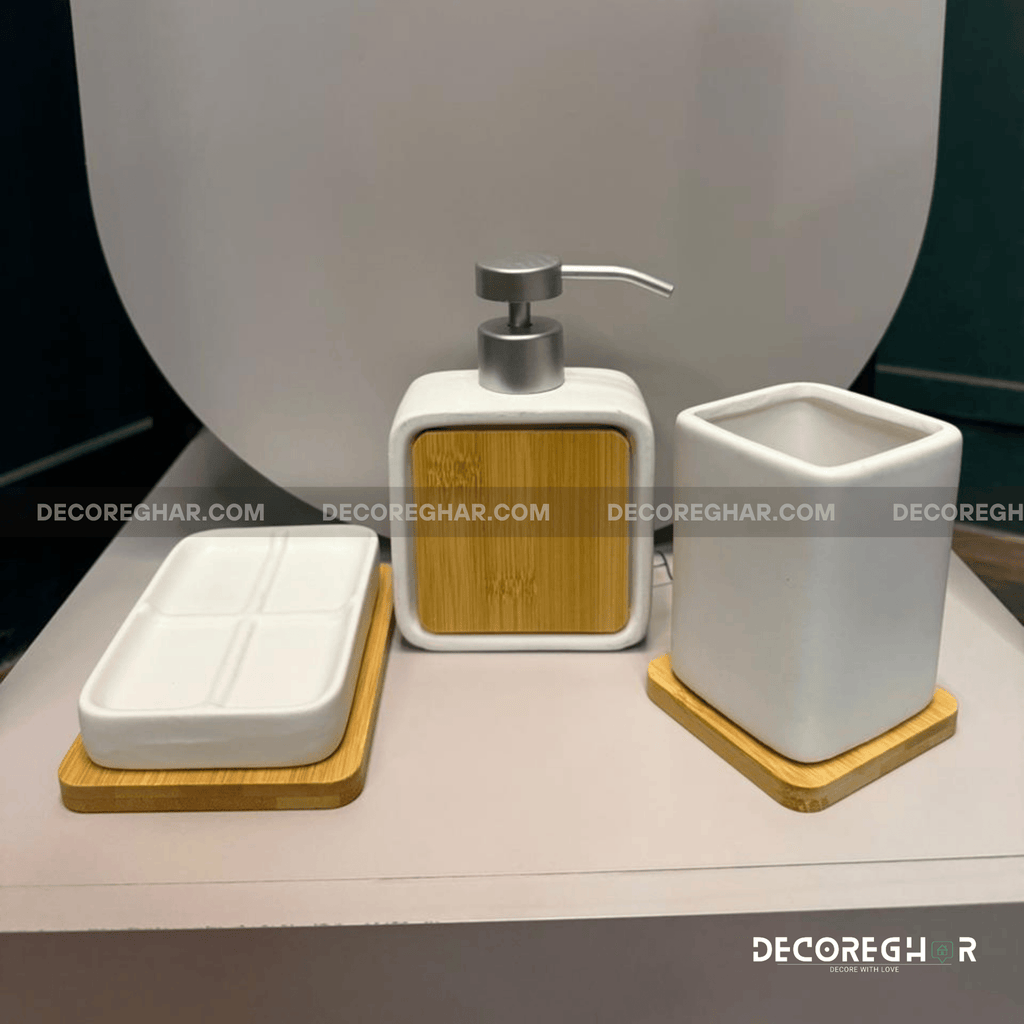 Chic 3-Piece White Ceramic & Bamboo Bathroom Vanity Set