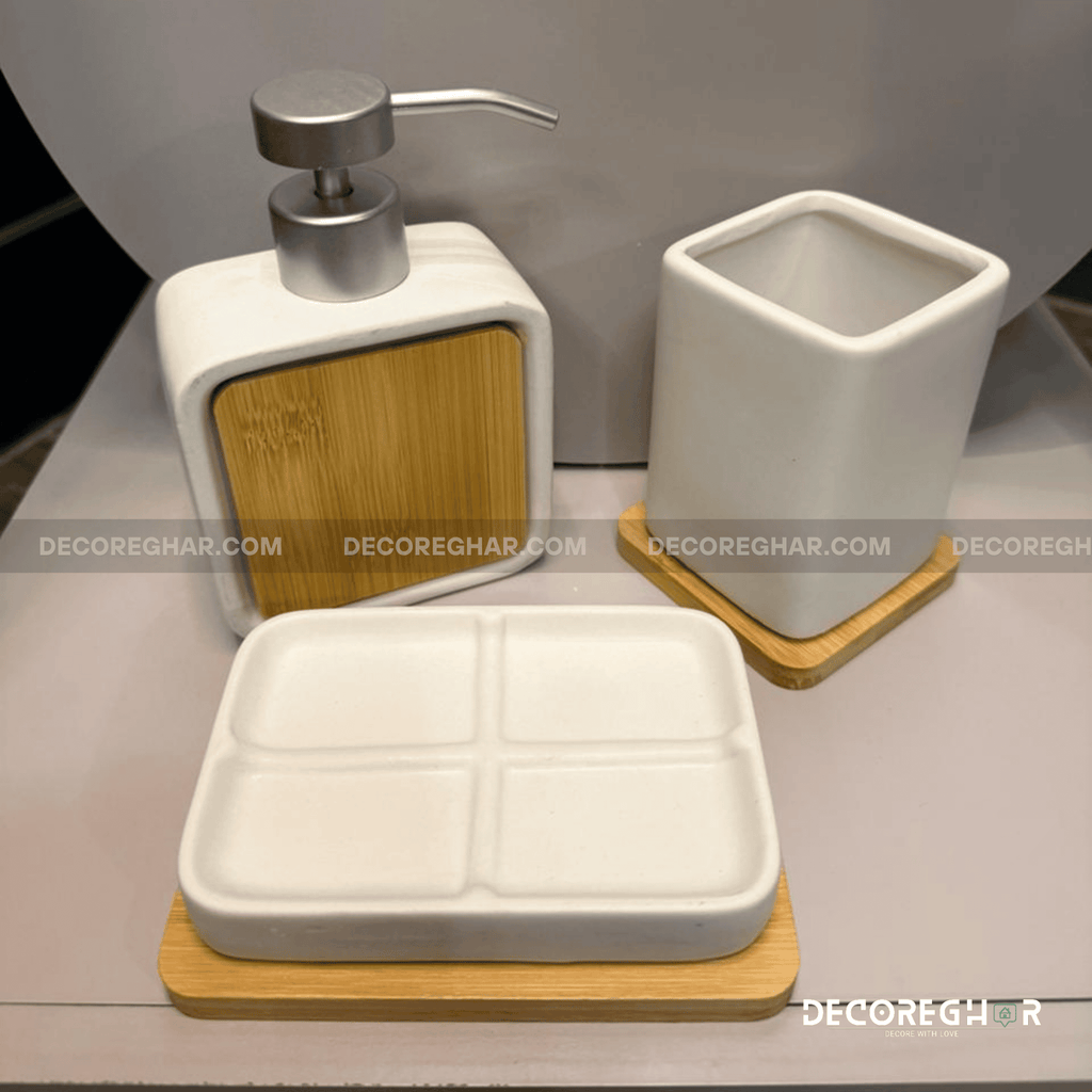 Chic 3-Piece White Ceramic & Bamboo Bathroom Vanity Set