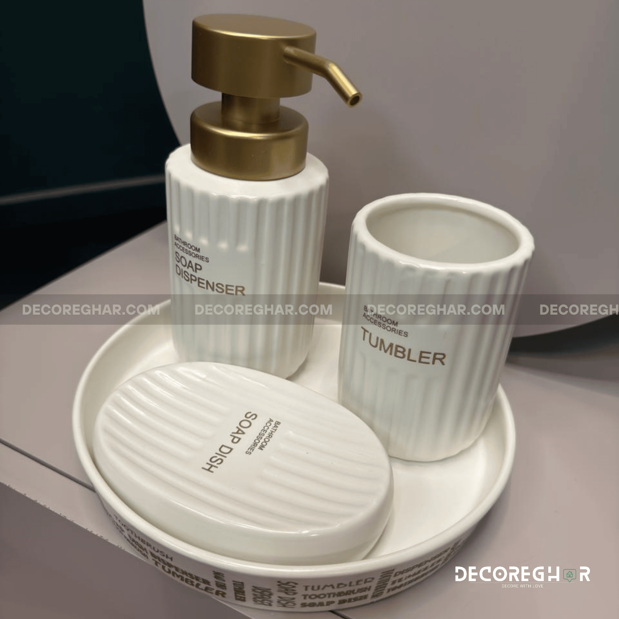 Luxury Fluted White Ceramic Bathroom Set with Gold Pump (4-Piece)