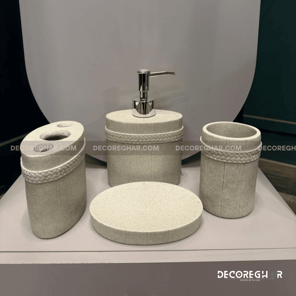 Rustic Spa Collection: Sand-Effect Soap Dispenser, Tumbler, & Holders