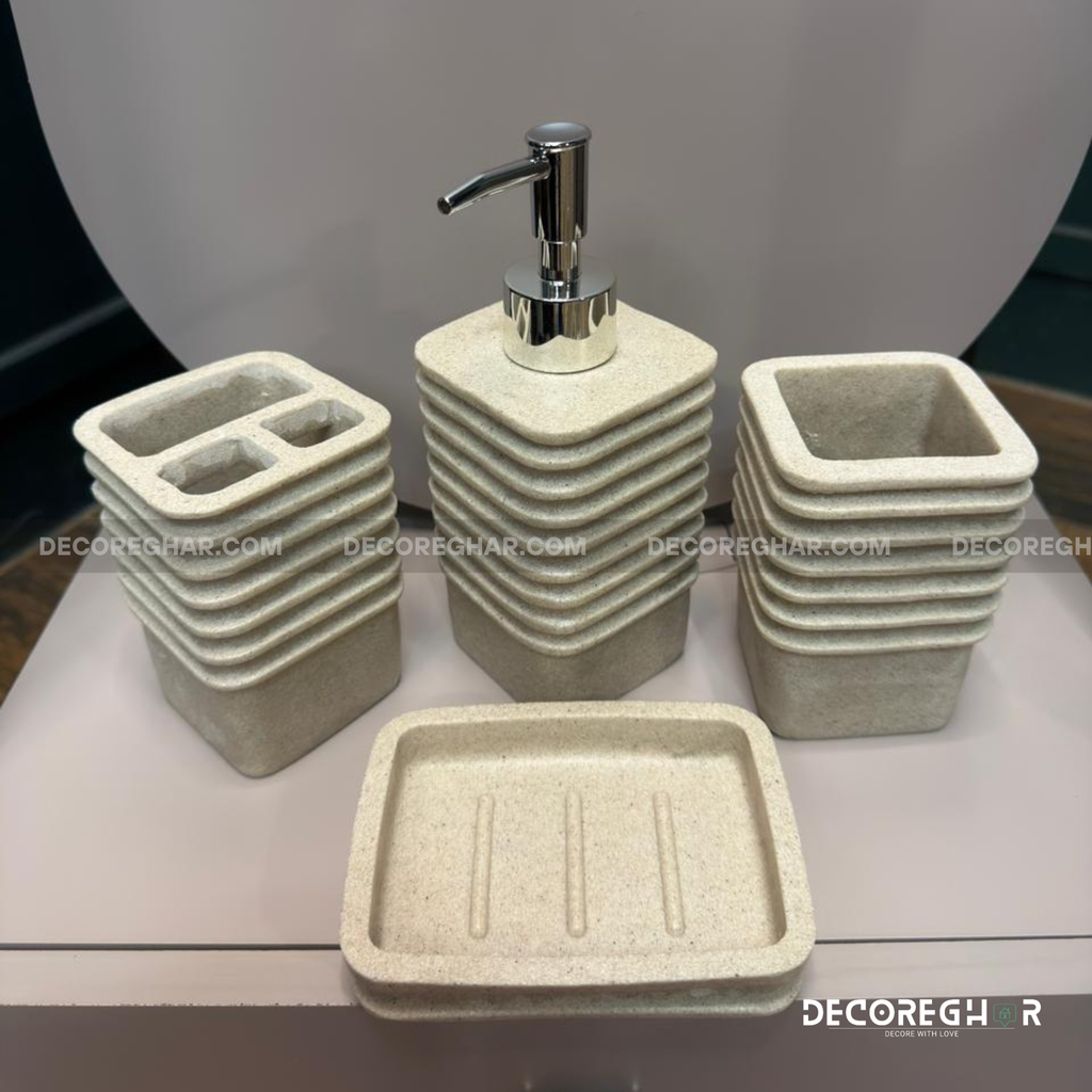 Architectural Stacking 4-Piece Sandstone Bathroom Set with Chrome Accents