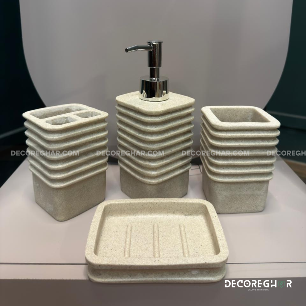 Architectural Stacking 4-Piece Sandstone Bathroom Set with Chrome Accents