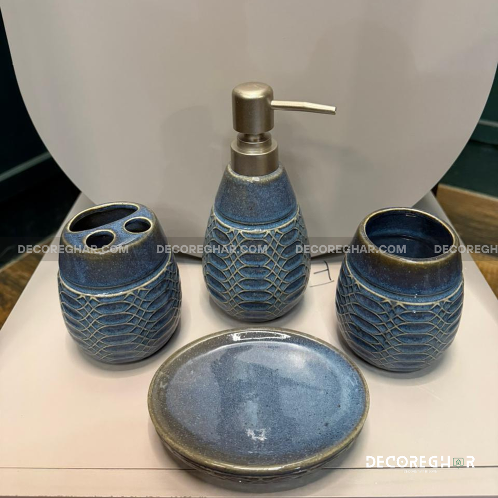 Artisan Blue Glazed Ceramic 4-Piece Bathroom Set w/ Honeycomb Texture