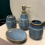 Artisan Blue Glazed Ceramic 4-Piece Bathroom Set w/ Honeycomb Texture
