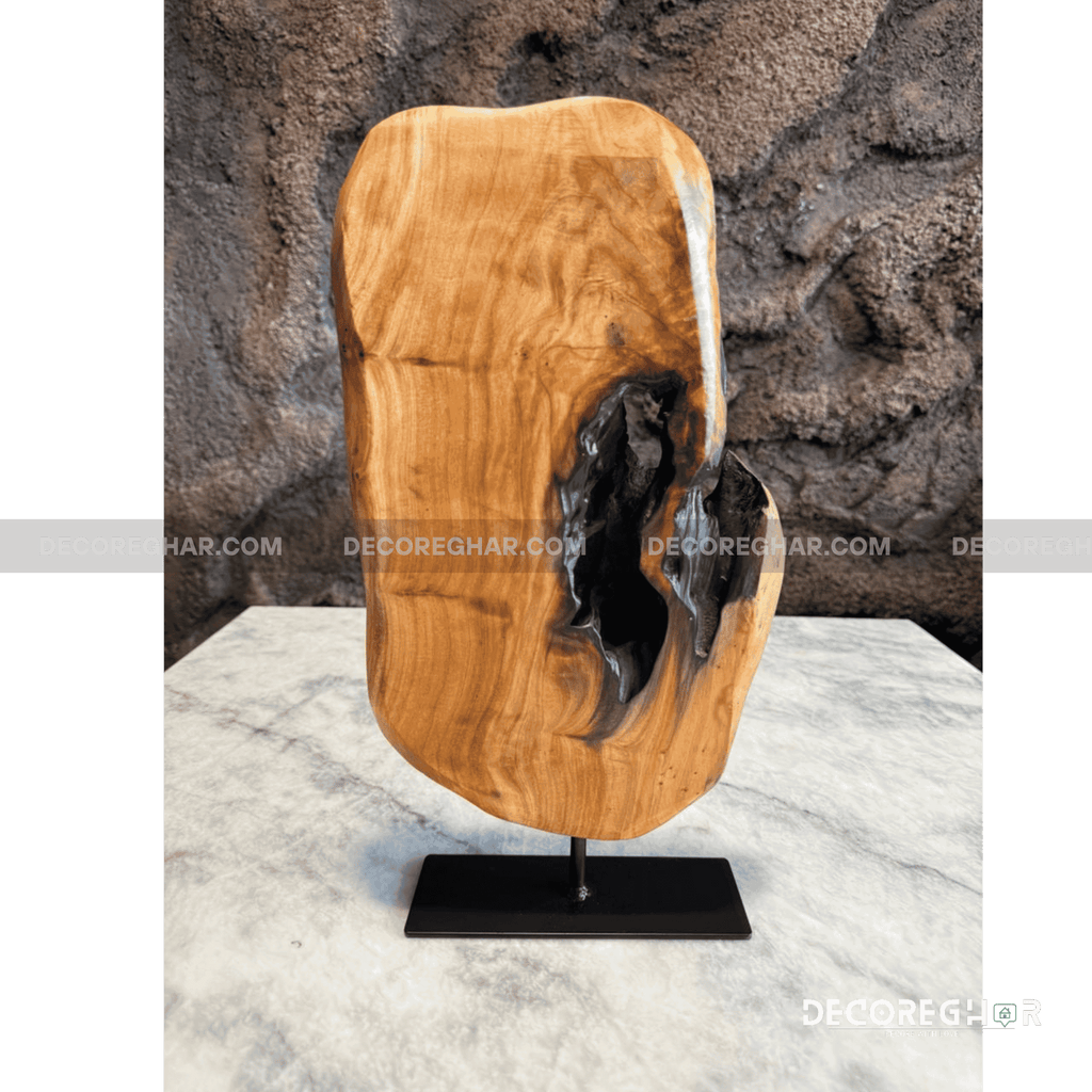 Natural Edge Wood Sculpture with Dark Live Edge and Metal Stand