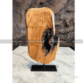 Natural Edge Wood Sculpture with Dark Live Edge and Metal Stand