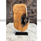 Natural Edge Wood Sculpture with Dark Live Edge and Metal Stand