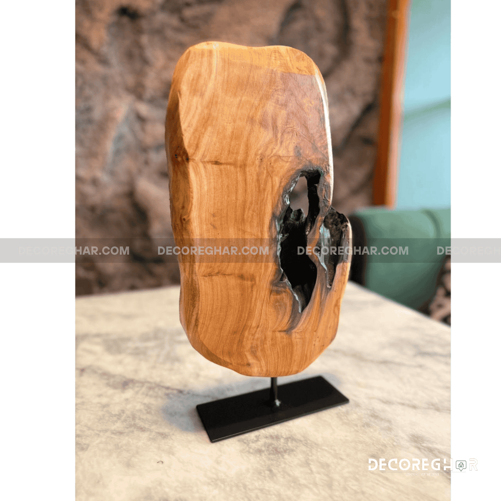 Natural Edge Wood Sculpture with Dark Live Edge and Metal Stand