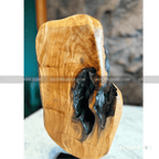 Natural Edge Wood Sculpture with Dark Live Edge and Metal Stand
