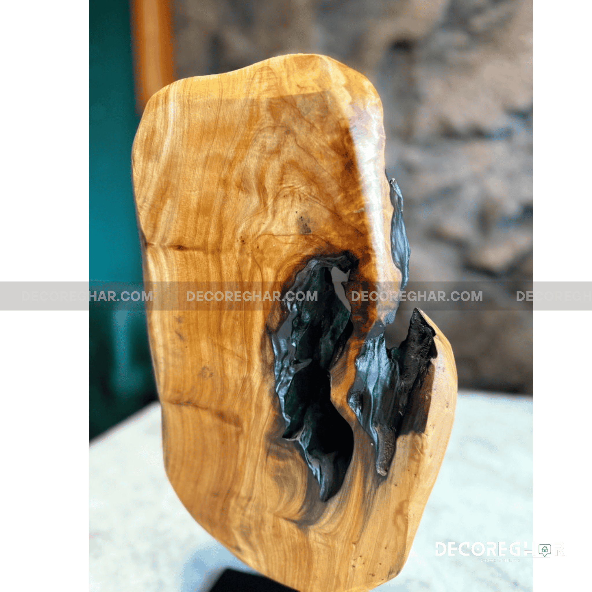 Natural Edge Wood Sculpture with Dark Live Edge and Metal Stand