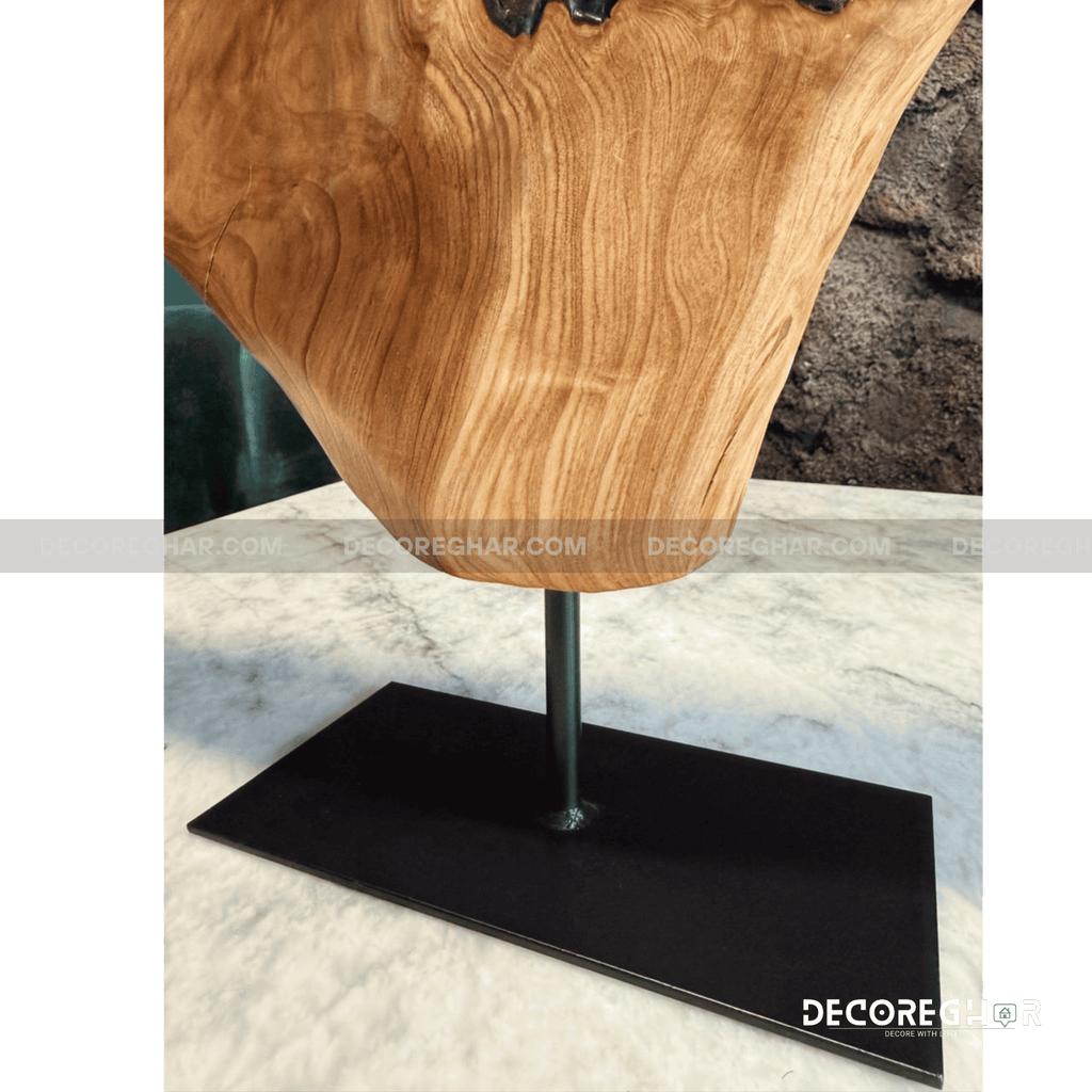 Natural Edge Wood Sculpture with Dark Live Edge and Metal Stand