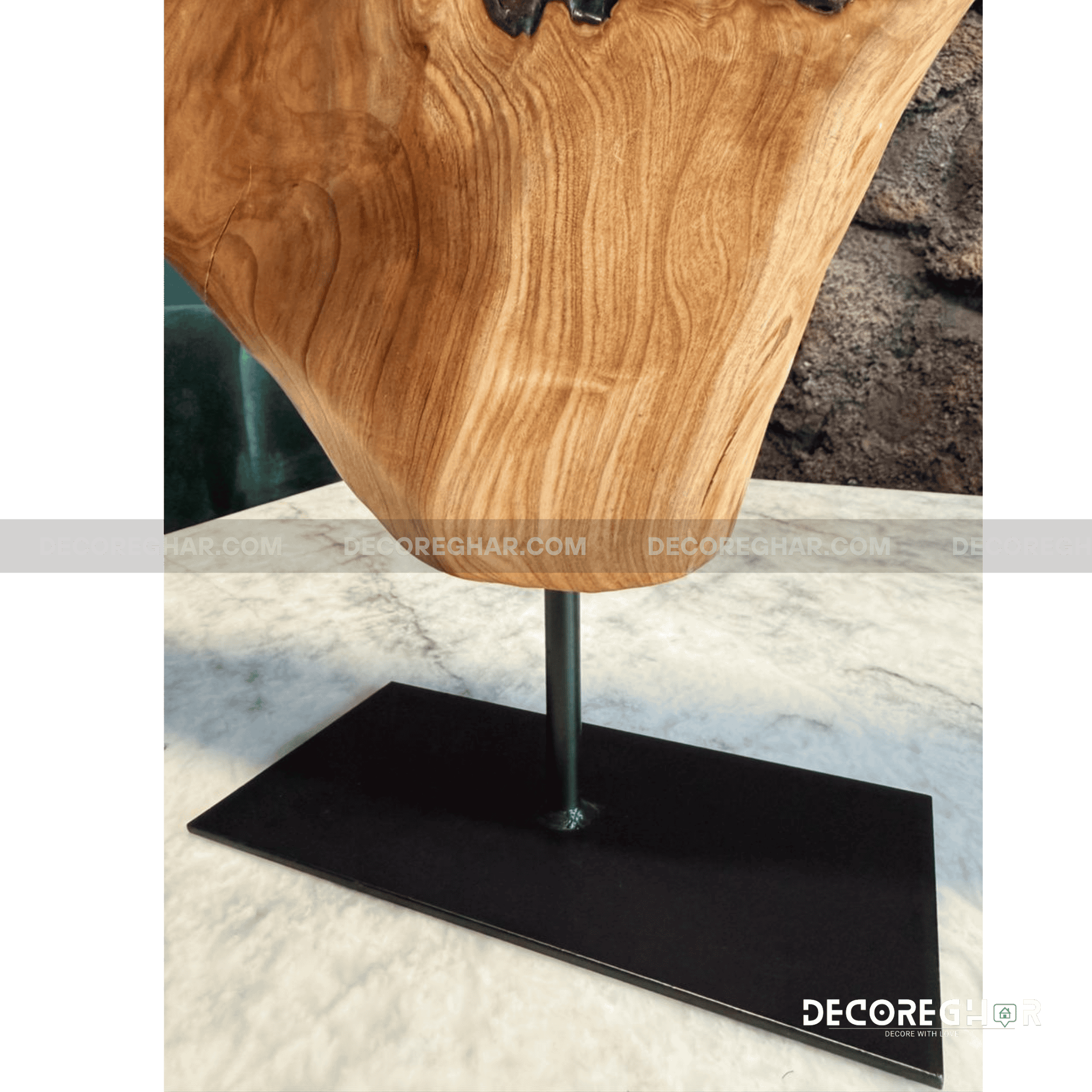 Natural Edge Wood Sculpture with Dark Live Edge and Metal Stand