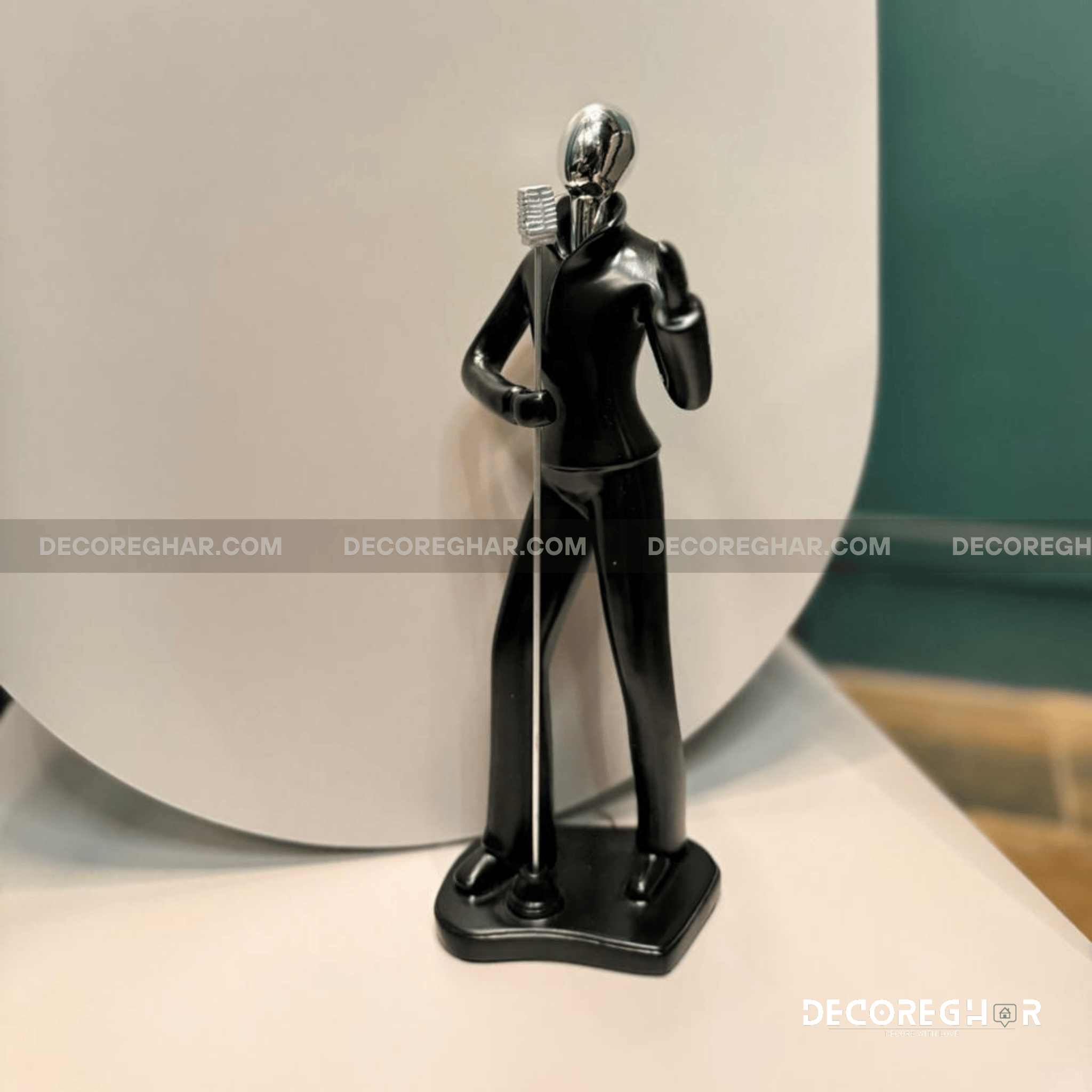 Modern Porcelain Singer Figurine with Microphone – Elegant Black Finish