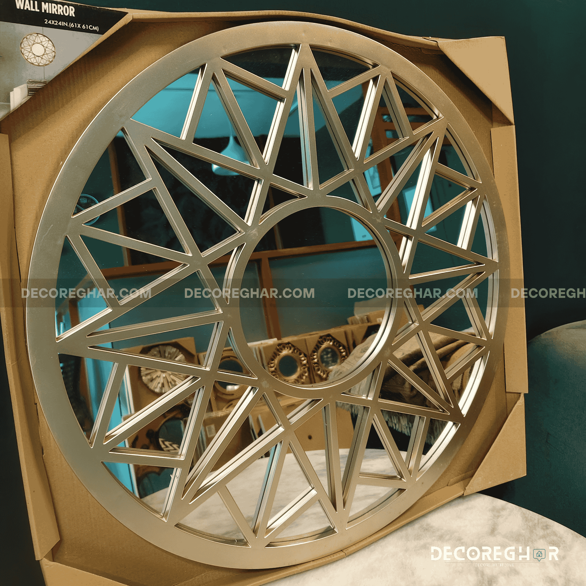 Geometric Sunburst Round Wall Mirror – Gold Decorative Accent for Living Room, Entryway & Bedroom