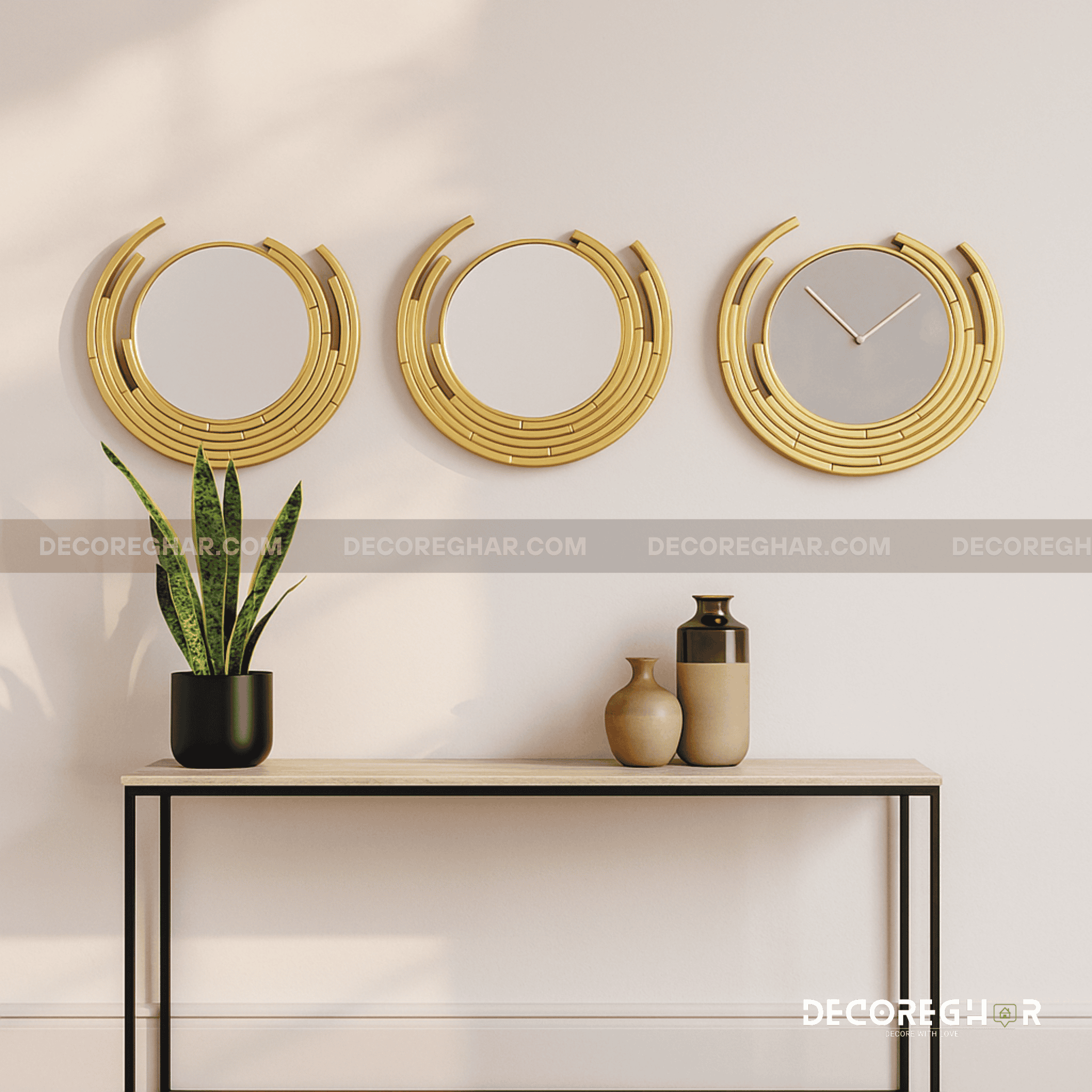 3-Piece Modern Gold Mirror Wall Art Set – Decorative Round Wall Mirrors for Living Room, Bedroom & Hallway